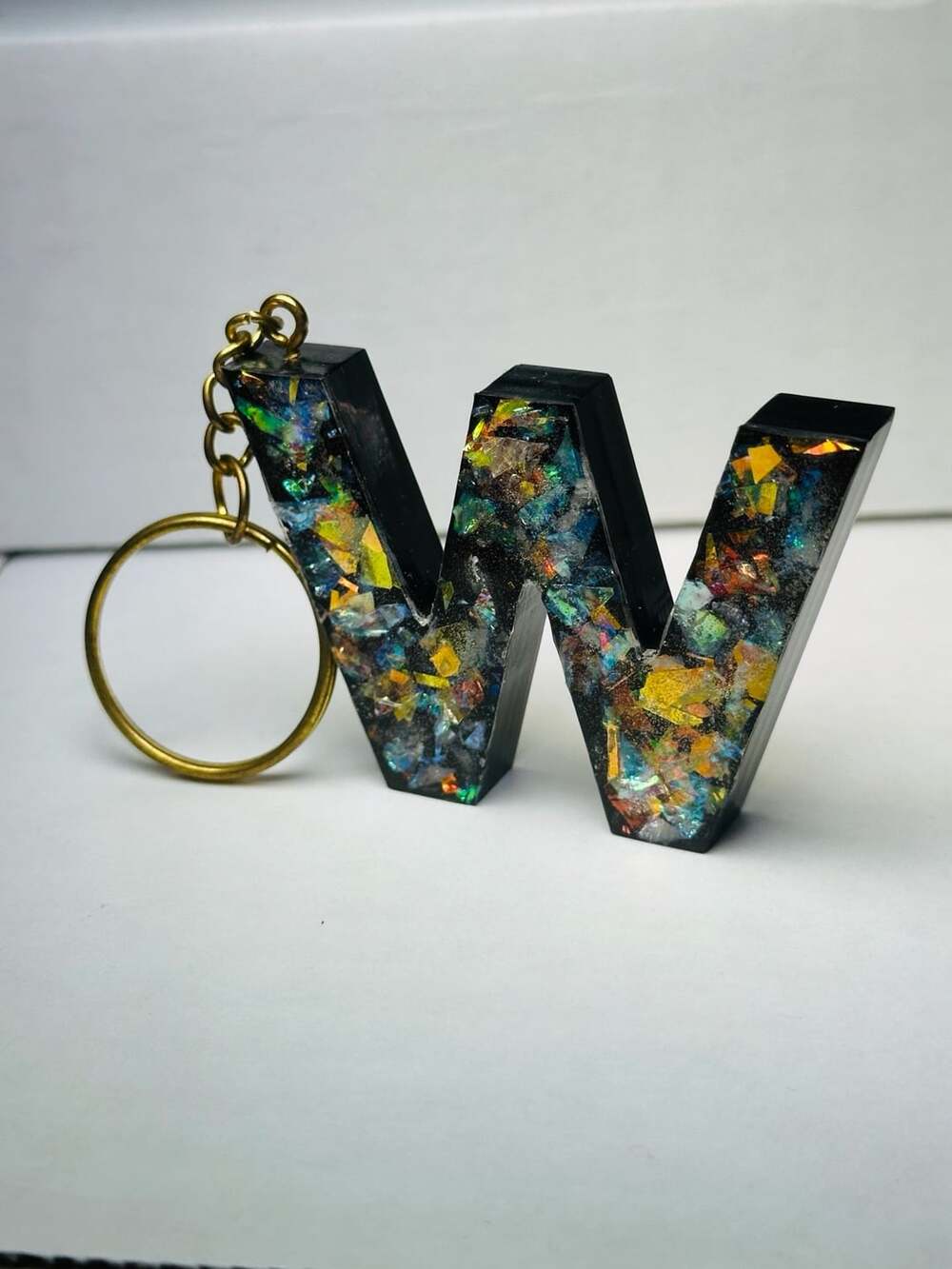 Handmade Resin Letter W Keychain with Iridescent Foil Flakes and Gold Ring